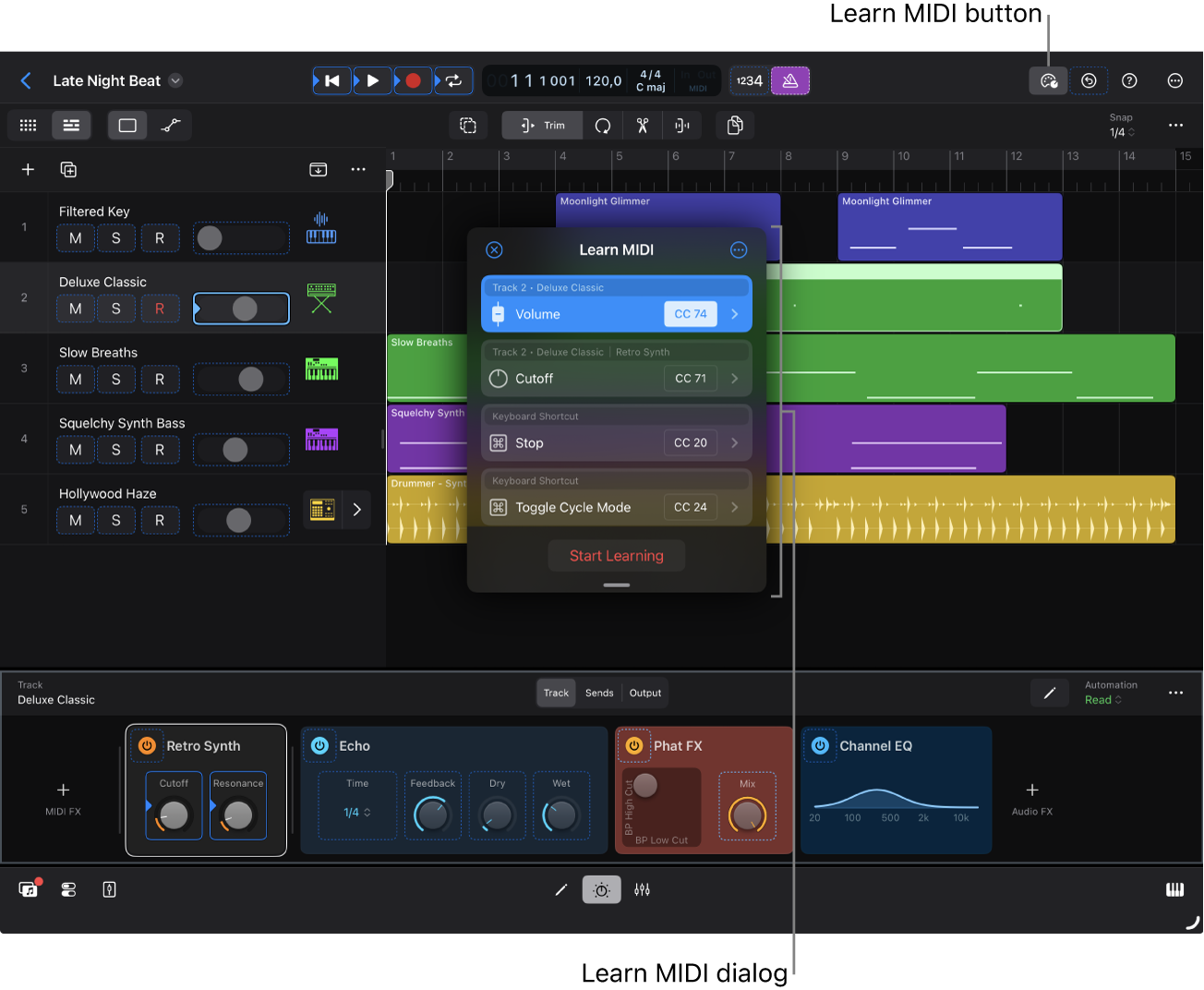 Figure. The Tracks area with the Learn MIDI dialog showing assignments.