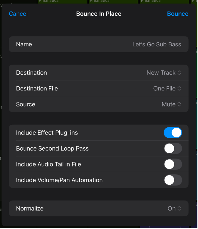Figure. Bounce Cells in Place dialog.