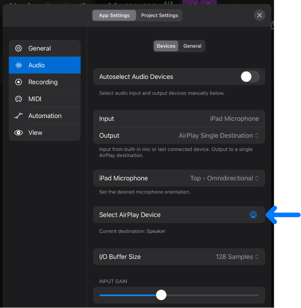 Figure. Devices Audio settings with Select AirPlay Device button.