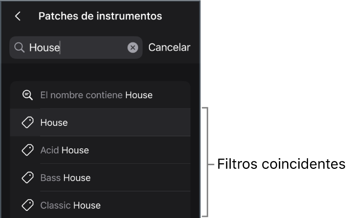 Ilustración. Resultados de búsqueda sugeridos para la palabra clave “House” en la vista “Patches de instrumentos” en el explorador.