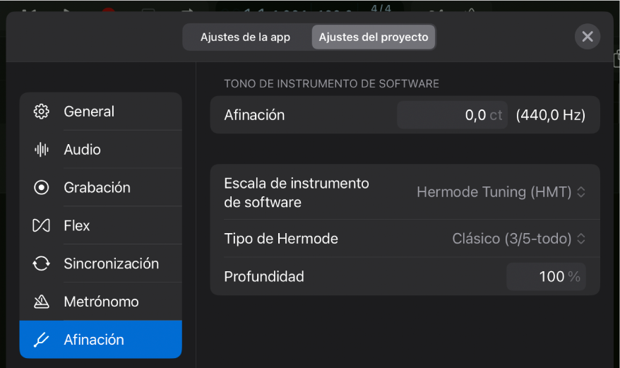 Ajustes de afinación del proyecto.