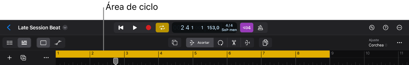 Ilustración. Parte superior del área de pistas con el área de ciclo activa y el botón Ciclo en la barra de controles.