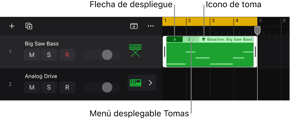 Ilustración. Carpeta de tomas con flecha desplegable, el menú desplegable Tomas con la toma o compilación activa, el icono de la toma y el nombre de la pista y el pasaje.