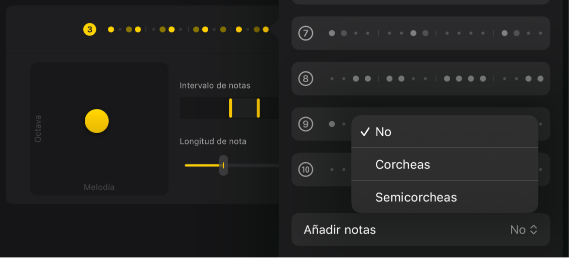 Ilustración. El menú desplegable Añadir notas de la ventana Patrones de Sequenced Bass.