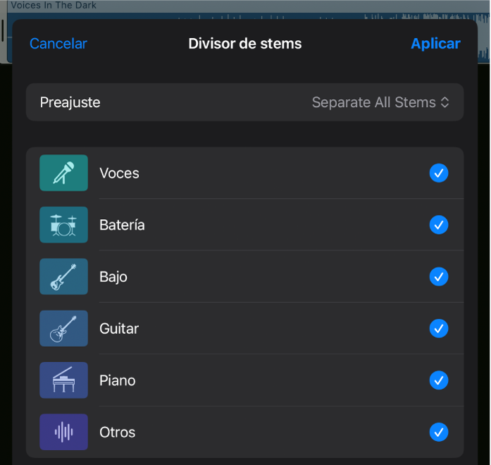 Ilustración. La ventana del divisor de stems con el menú Preajuste y las casillas de selección para seleccionar o anular la selección de los stems que quieres extraer.