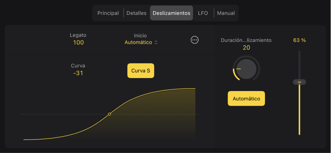 Ilustración. Ajustes de deslizamiento de los estilos de Synth Bass Player en el editor de Session Player.