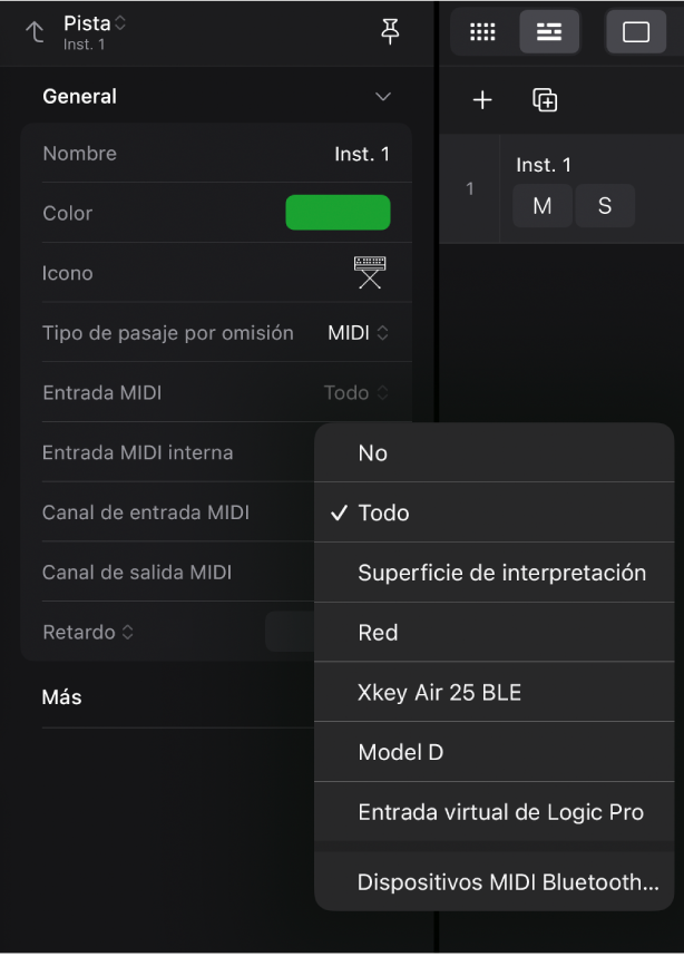 Menú desplegable “Entrada MIDI”.
