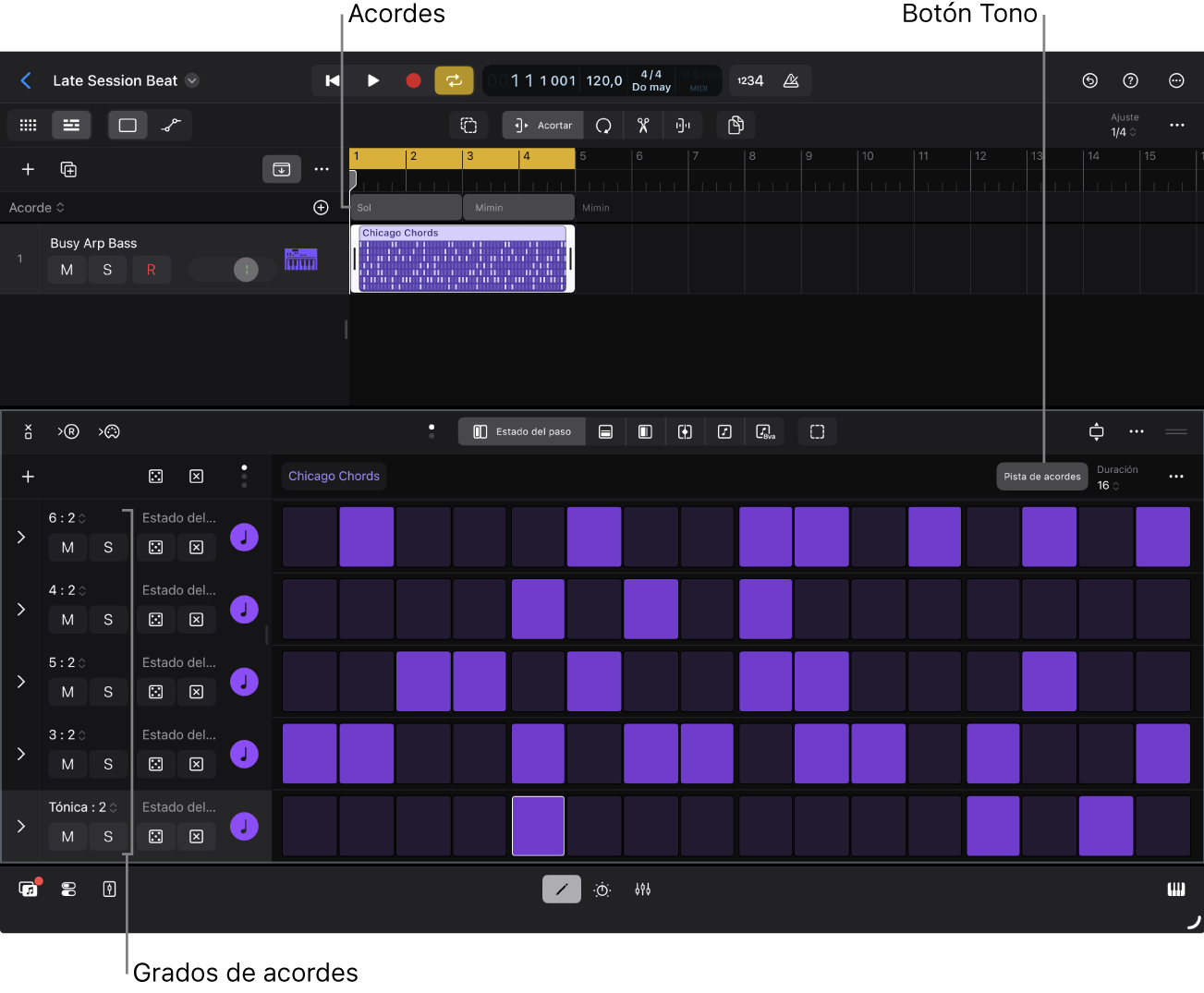 El secuenciador de pasos, con las cabeceras de fila mostrando grados del acorde.