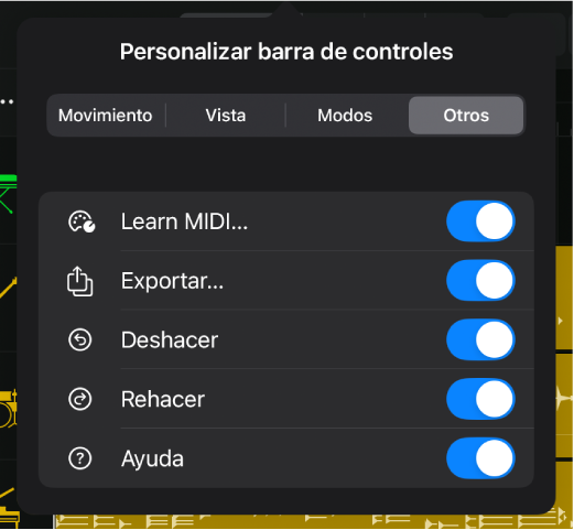 Ilustración. El cuadro de diálogo “Personalizar barra de controles”, con los conmutadores de la categoría Otros.