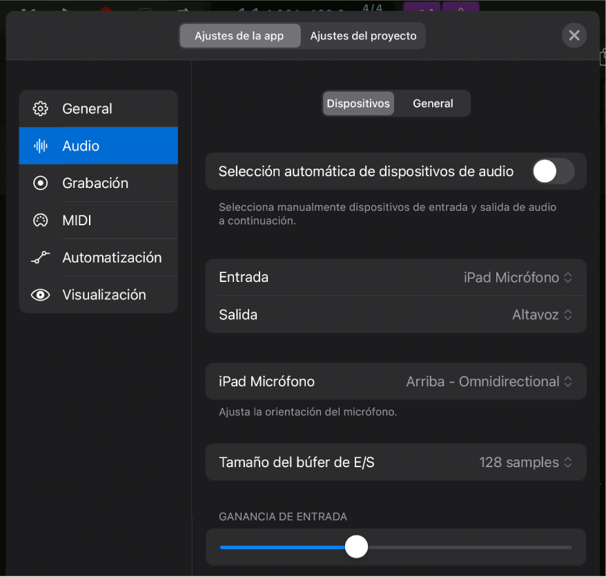 Ilustración. Pestaña Dispositivos de la página de ajustes Audio.