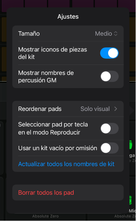 Ajustes de la superficie de Drum Machine Designer.