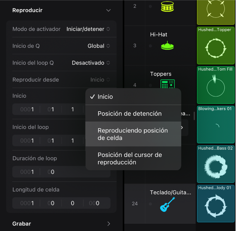 Ilustración. Ajuste “Reproducir desde” del inspector de celda.