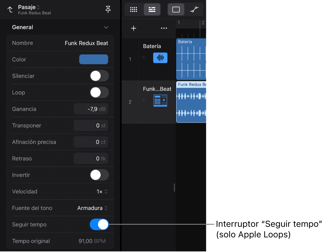 Ilustración. Inspector de pasajes con el conmutador “Seguir tempo” para Apple Loops de audio.