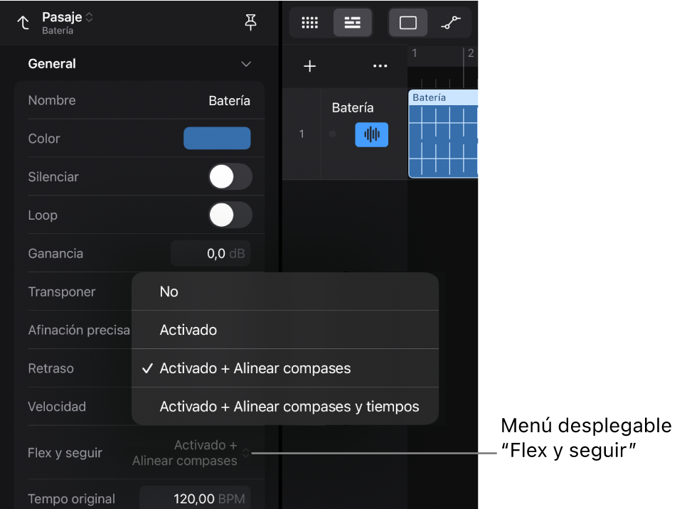 Ilustración. El inspector de pasajes con el menú desplegable “Flex y seguir”.