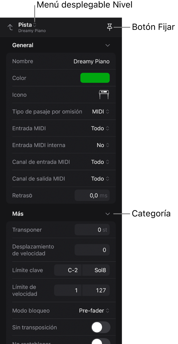 Ilustración. Inspector con los parámetros de pista, el menú desplegable Nivel y el botón Fijar.