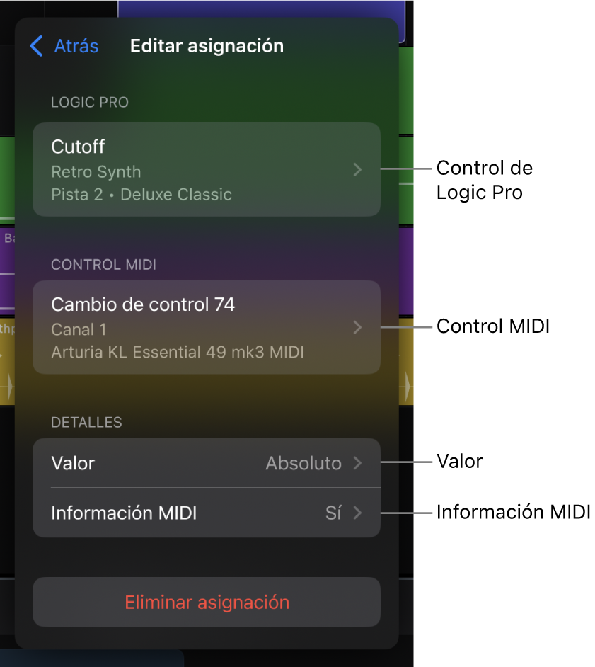 Ilustración. La vista “Editar asignación” en el cuadro de diálogo “Recordar MIDI”.