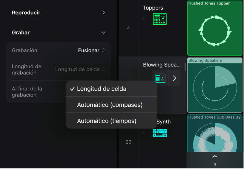 Ilustración. Menú desplegable de ajustes “Longitud de grabación” del inspector de celda.