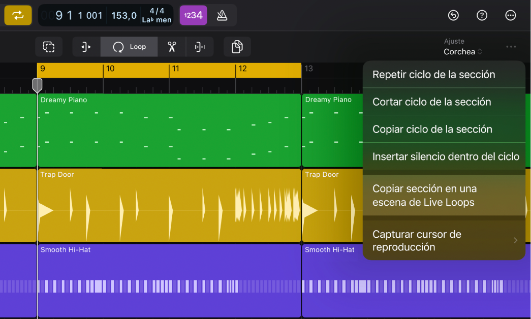 Ilustración. Menú Más de la barra de menús del área de pistas con la opción “Copiar sección en Live Loops” resaltada.