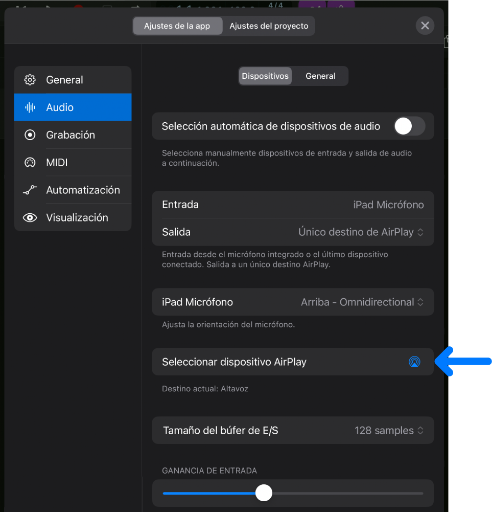 Ilustración. Pestaña Dispositivos de la página de ajustes Audio con el botón “Seleccionar dispositivo AirPlay”.