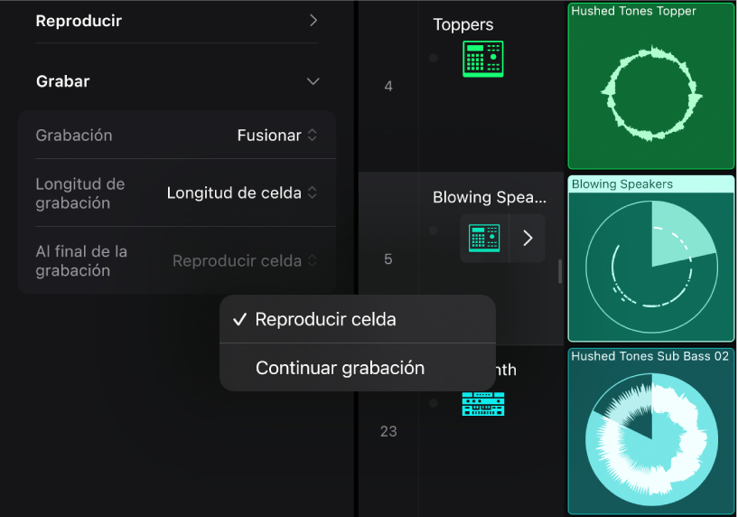 Ilustración. Menú desplegable de ajustes “Al final de la grabación” del inspector de celda.
