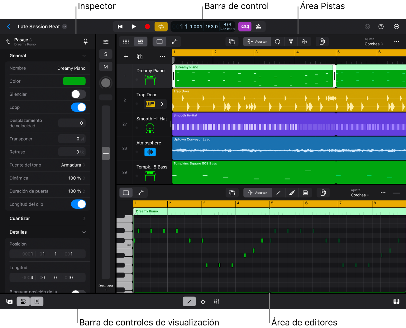 Ilustración. Interfaz de Logic Pro con el área de pistas, el inspector y el editor de teclado abiertos.