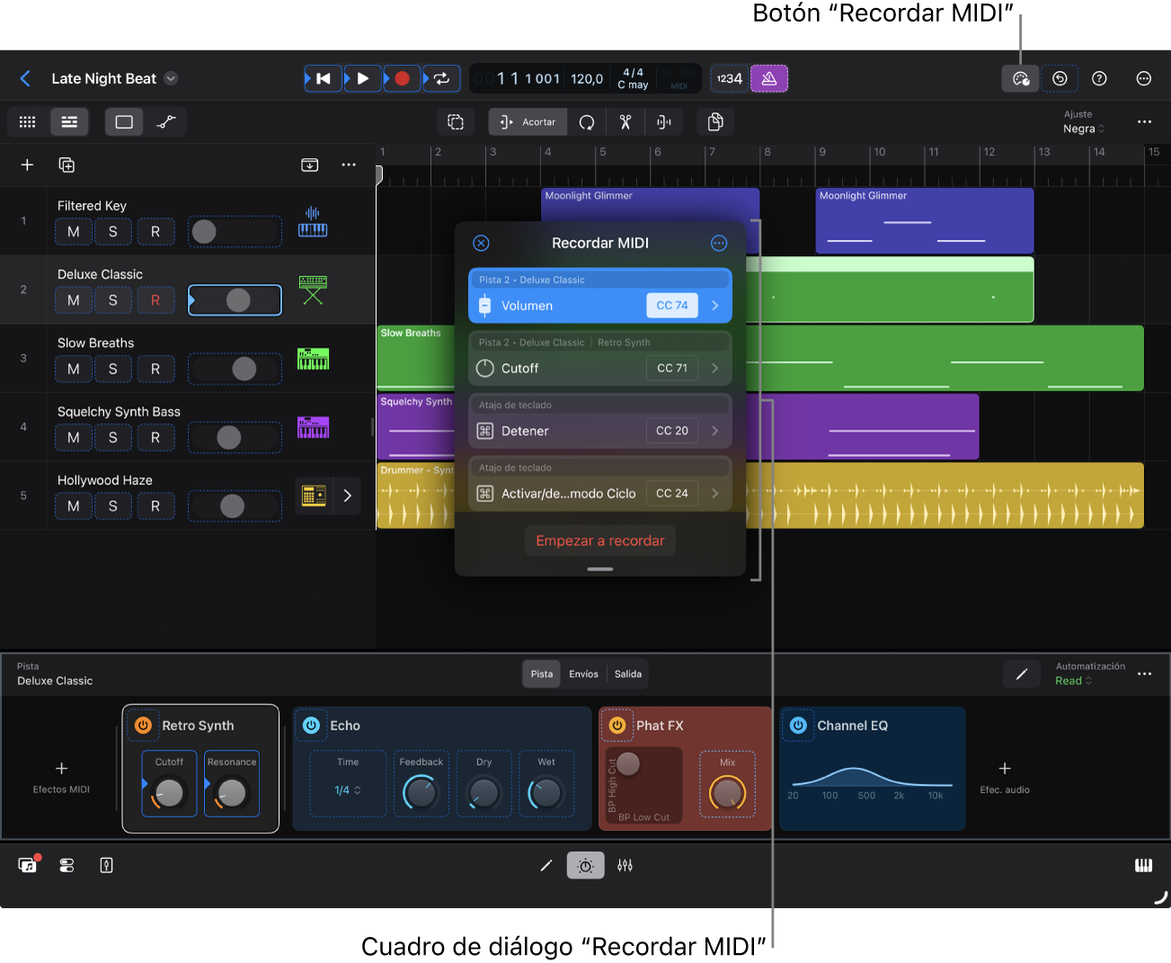 Ilustración. El área de pistas con el cuadro de diálogo “Recordar MIDI”, en el que se muestran las asignaciones.