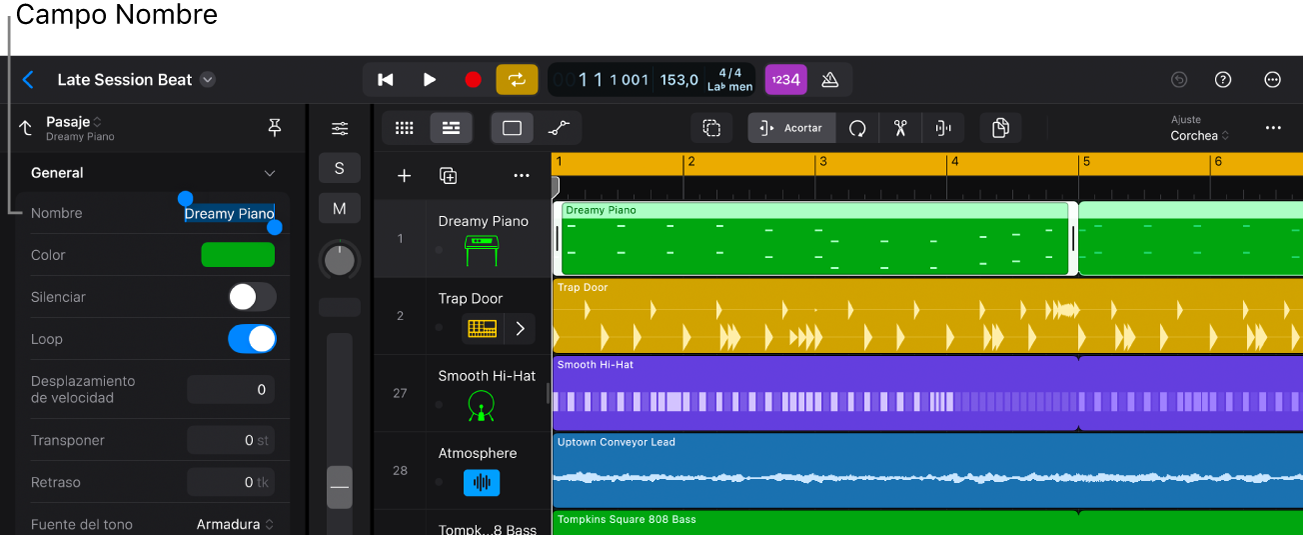 Pasaje seleccionado e inspector abierto, con el campo “Nombre del pasaje” resaltado.