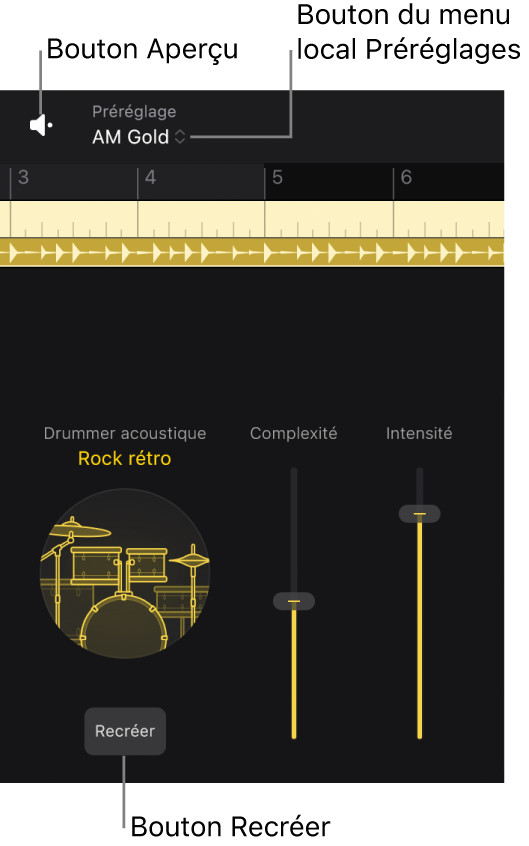 Figure. Bouton Aperçu, bouton du menu local Préréglages et bouton Recréer dans l’éditeur de Session Player.