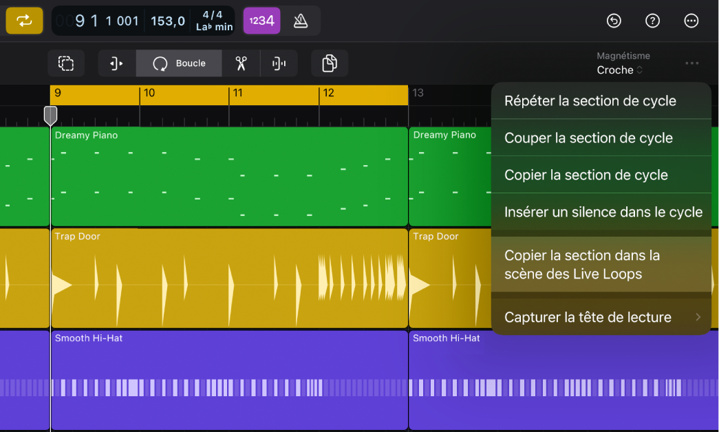 Figure. Bouton Plus de la barre des menus de la zone Pistes avec « Copier la section dans les Live Loops » en surbrillance.