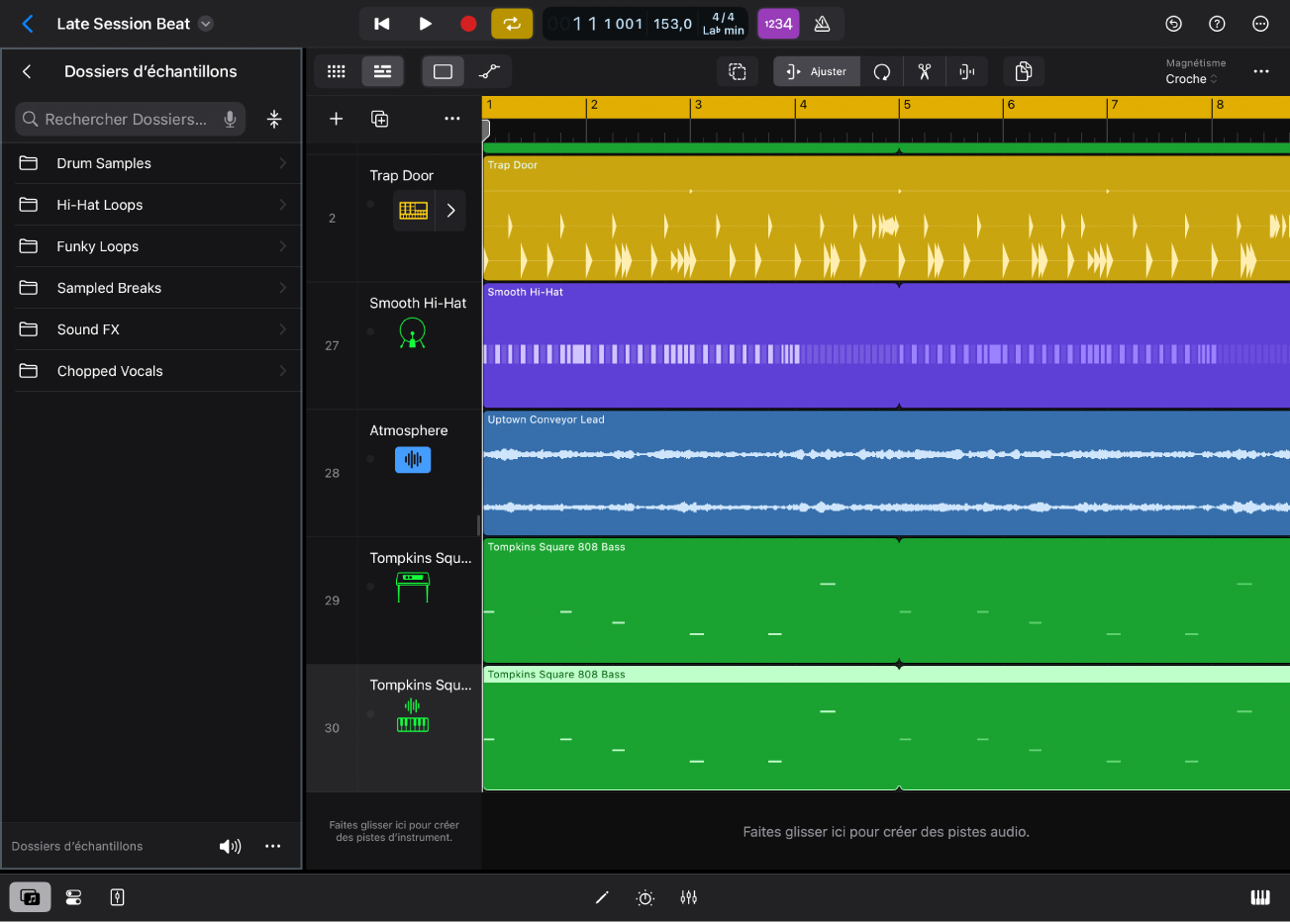 Figure. Logic Pro pour iPad montrant la présentation Dossiers d’échantillons dans le navigateur.