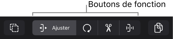 Figure. Barre des menus de la zone Pistes avec le bouton Sélectionner, les boutons de fonction et le bouton Copier.
