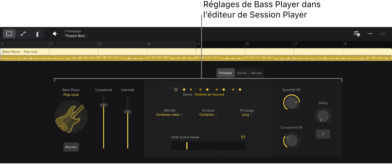 Figure. L’éditeur de Session Player avec les réglages Bass Player.