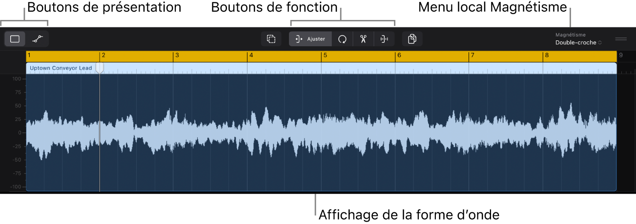Figure. Éditeur audio affichant la région audio avec une forme d’onde.