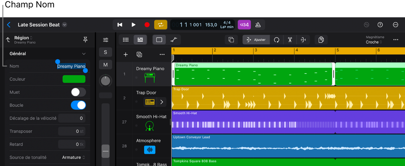 Région sélectionnée et inspecteur ouvert, avec le champ « Nom de région » mis en évidence.