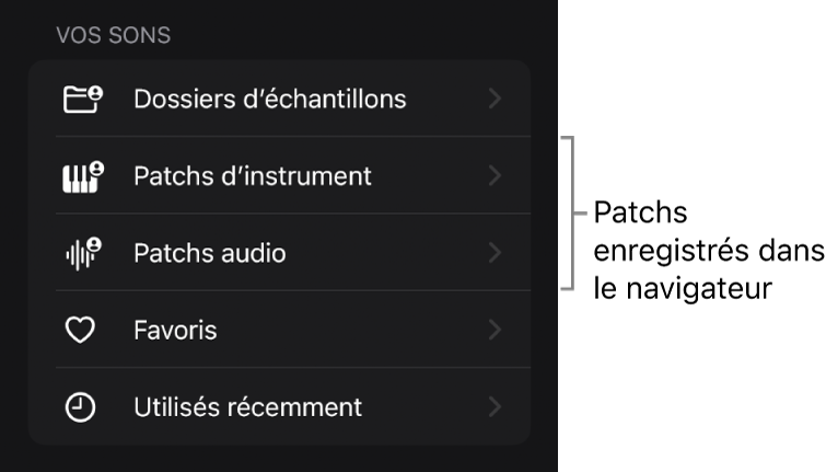 Figure. Les patchs enregistrés sont stockés dans la section « Vos sons » du navigateur.