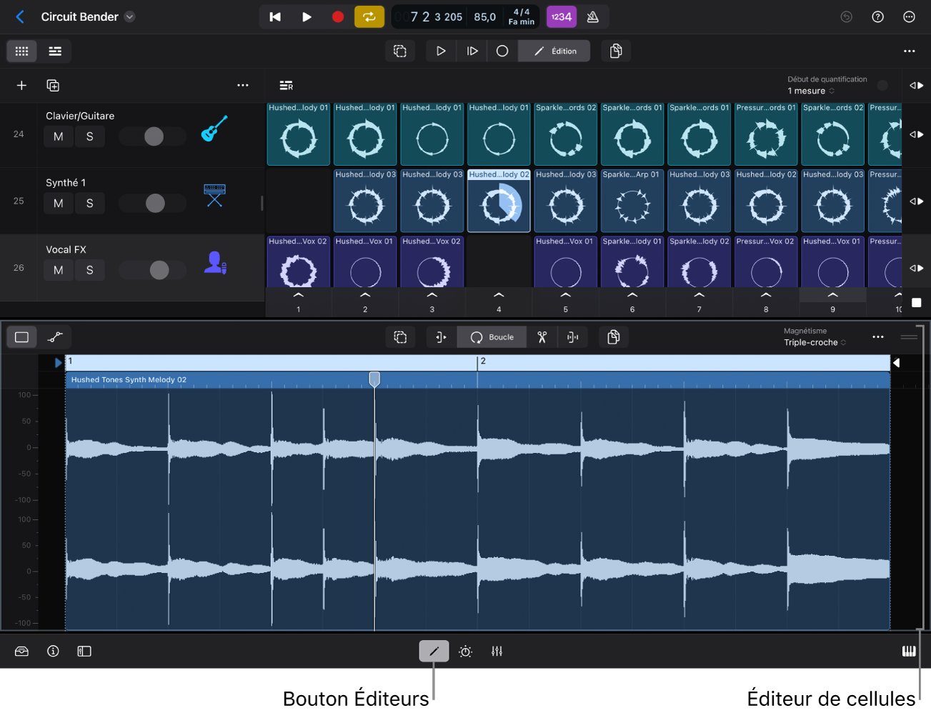 Figure. Éditeur de cellule montrant la forme d’onde audio de la cellule sélectionnée.