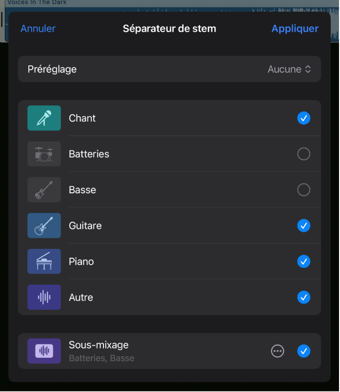 Figure. La fenêtre « Séparateur de stem » avec des stems désélectionnés et le sous-mixage de stems au bas.