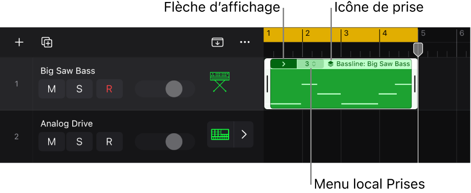 Figure. Dossier de prises montrant la flèche d’affichage, le menu local Prises avec la prise ou comp active, l’icône de prise, ainsi que le nom de prise et de région.