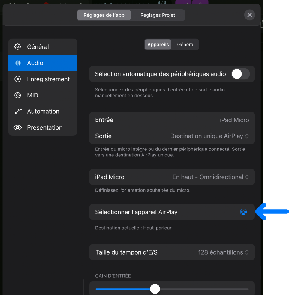 Figure. Réglages audio d’appareils, avec le bouton « Sélectionner l’appareil AirPlay ».