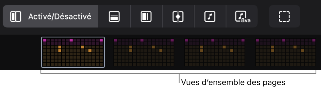 Figure. Aperçus des pages dans le séquenceur pas à pas.