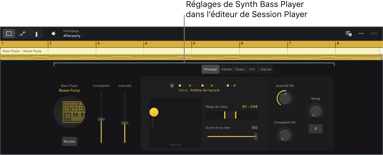 Figure. L’éditeur de Session Player avec les réglages « Basse Pump ».