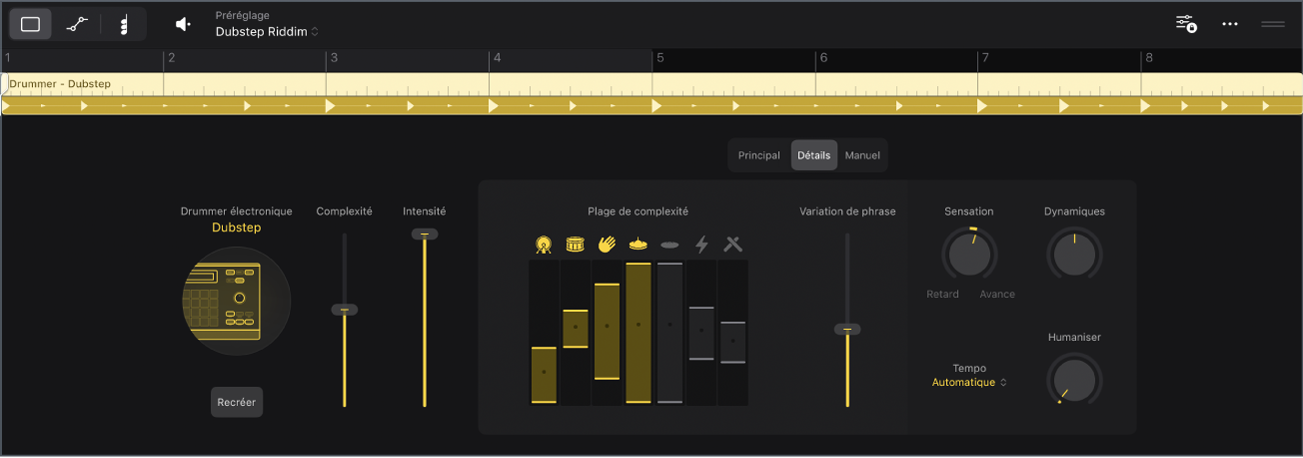Figure. L’éditeur de Session Player montrant la présentation Détails du batteur électronique.