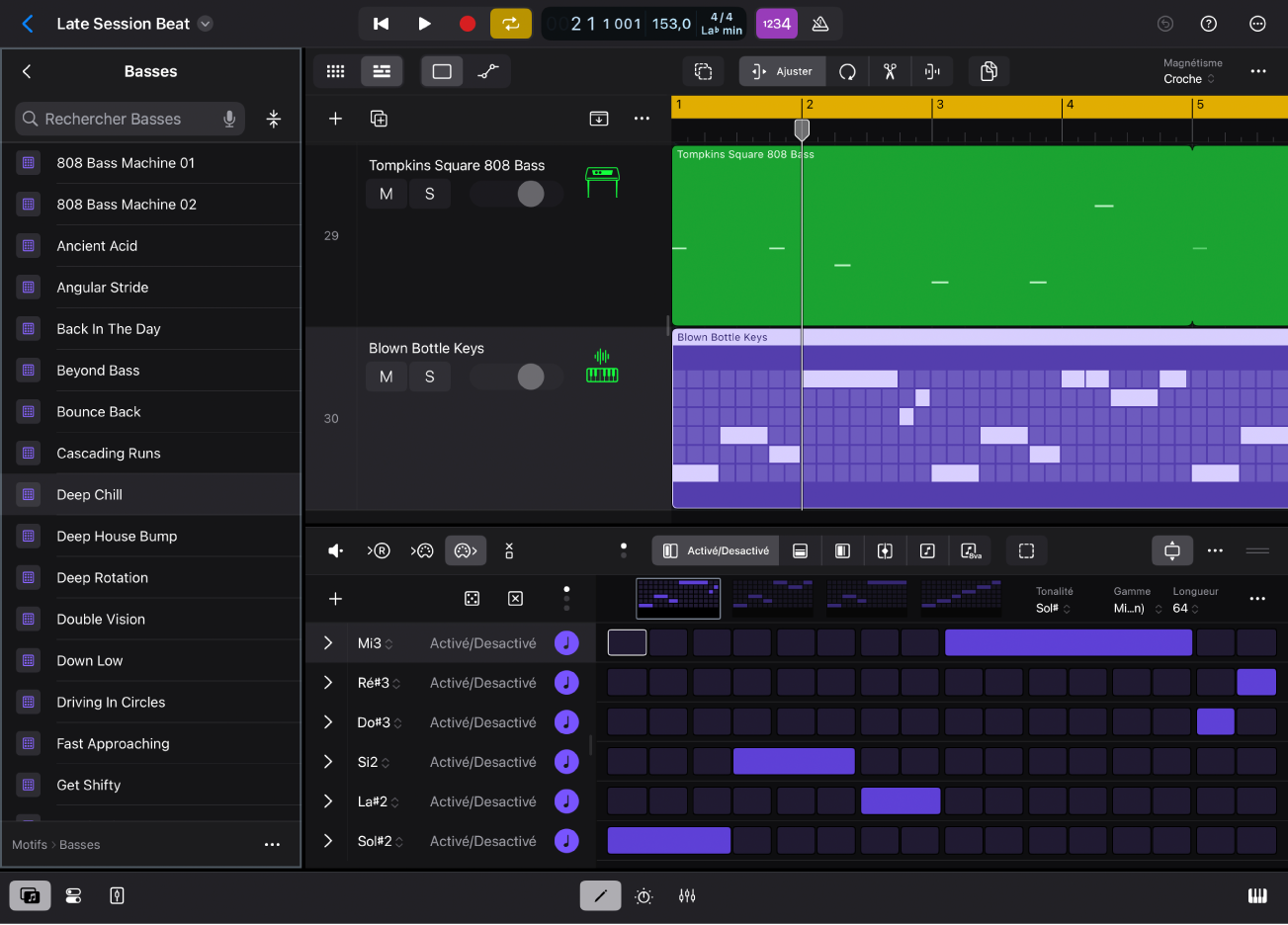Figure. Logic Pro pour iPad montrant la présentation Motifs dans le navigateur.