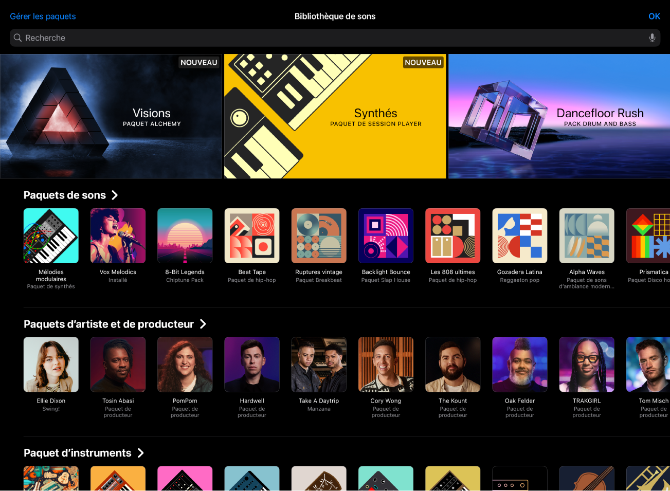 Figure. Bibliothèque de sons dans Logic Pro pour iPad.