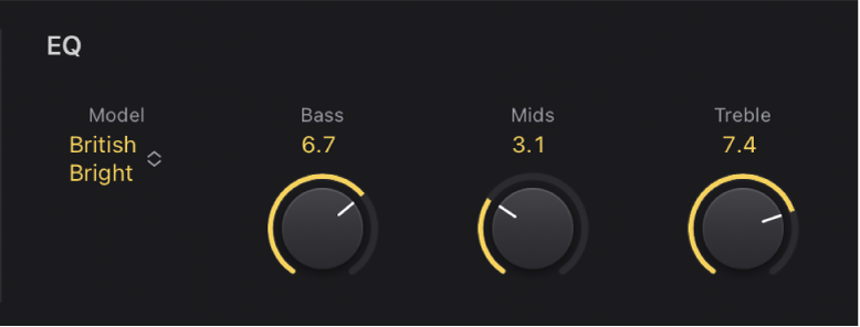 図。Amp Designerの「EQ」ポップアップメニューと、「Bass」、「Mids」、「Treble」の各ノブ。