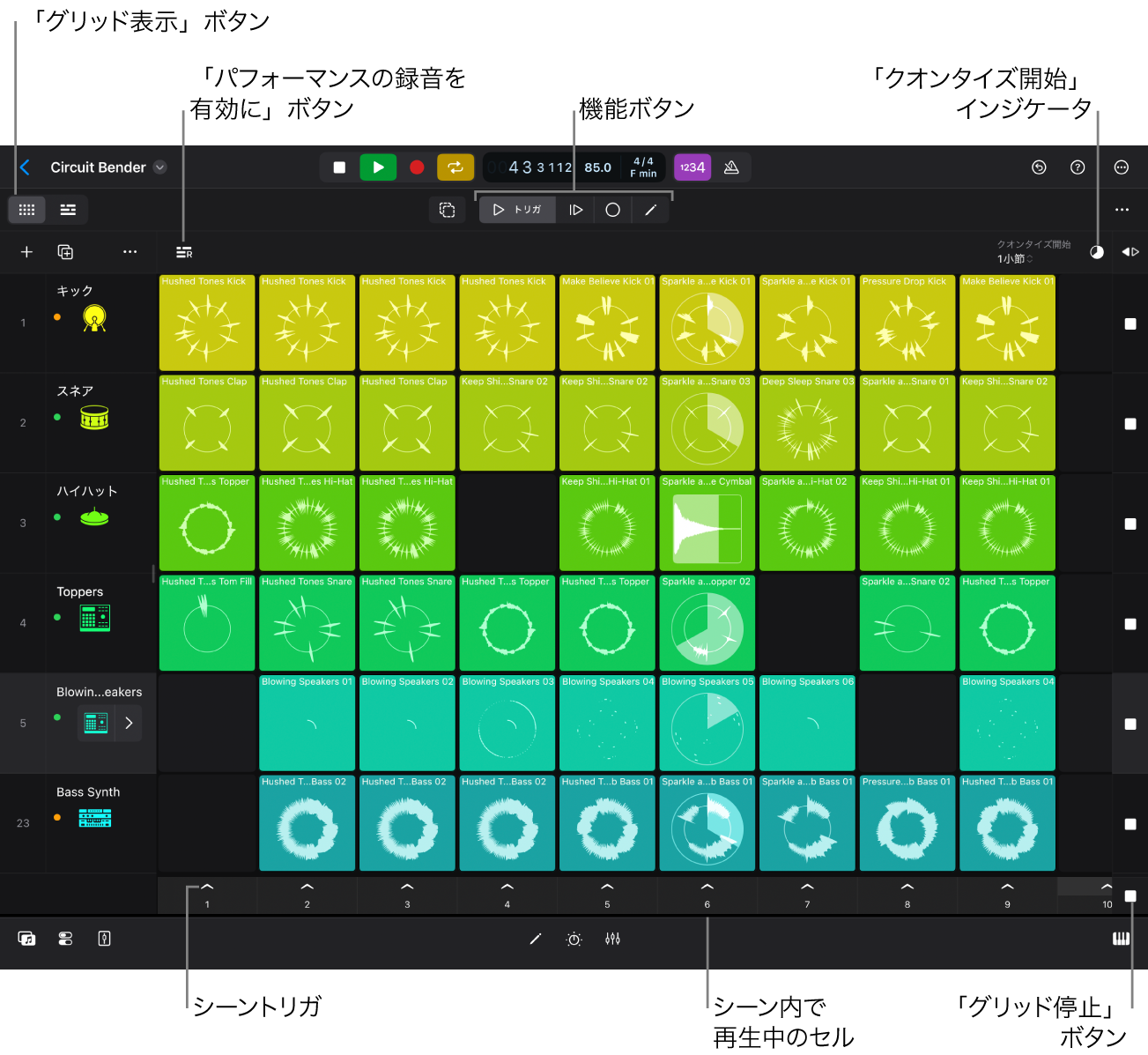 図。再生中のセルが表示されたLive Loopsグリッド。