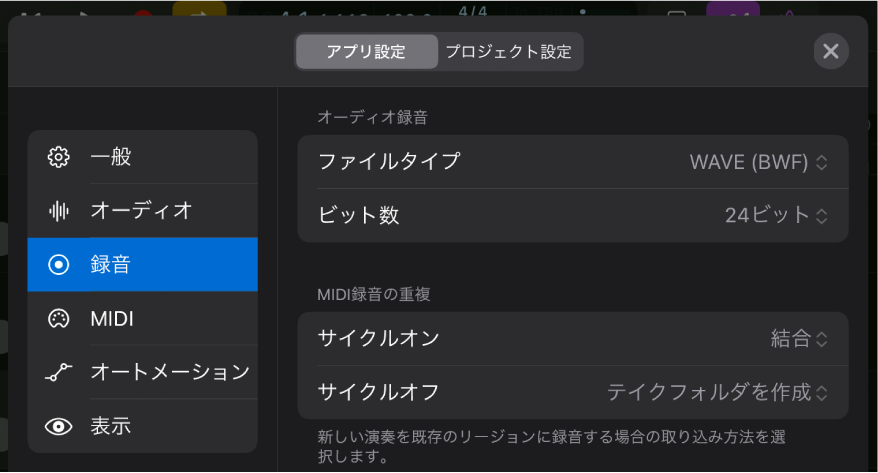 「録音」設定。