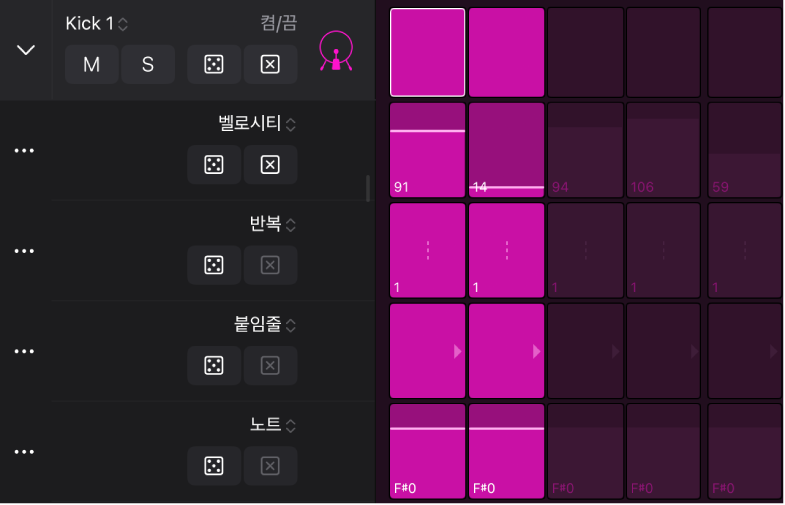 그림. 스텝 시퀀서의 서브 행.