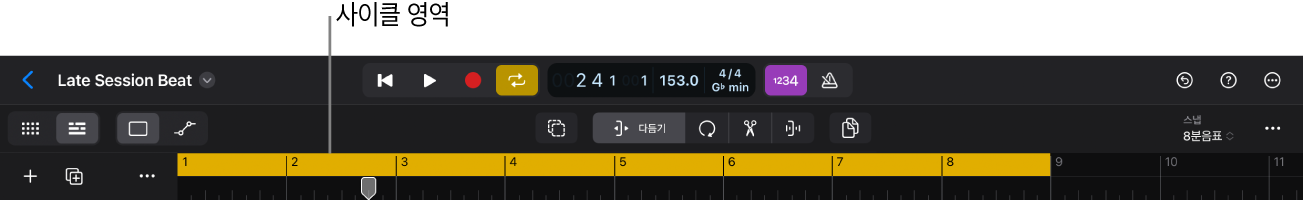 그림. 활성화된 사이클 영역을 보여주는 트랙 영역의 상단 및 컨트롤 막대의 사이클 버튼.