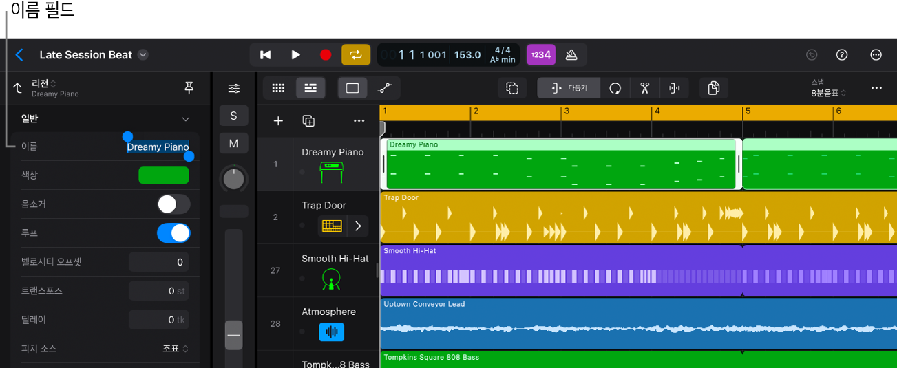 리전이 선택되고 인스펙터가 열려 있으며 리전 이름 필드가 하이라이트됨.